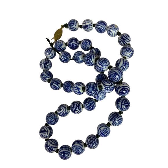 Vintage Asian Ceramic Beaded Hand Knotted Necklace 21 Inch Fish Hook Clasp - Picture 6 of 6